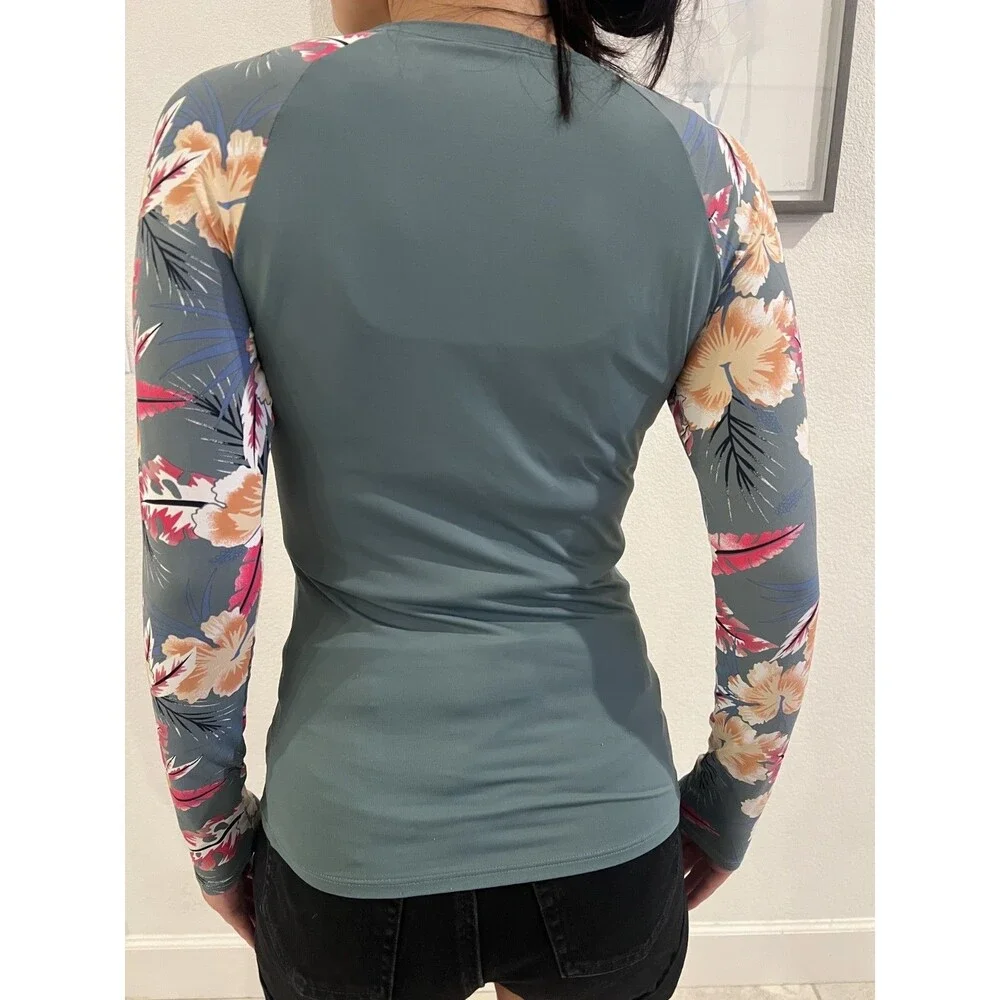 Roxy Zip Up Long Sleeve Rash Guard Swim Shirt Floral Graphic Print Women's S